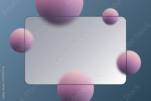 An abstract composition with soft pink balls and a glass frame on a blue background. Eps 10