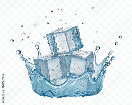 realistic 3d smooth ice cubes into water splash in  different style isolated on transparent background