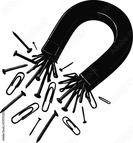 Powerful Horseshoe Magnet Attracting Nails and Paperclips