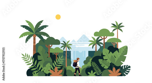Female explorer with a backpack trekking through a lush tropical jungle.