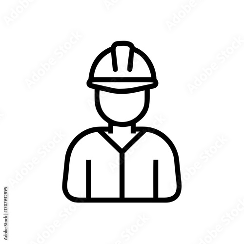 Minimalist black outline vector icon of a construction worker wearing a safety helmet, symbolizing building profession, manual labor, and skilled workforce, isolated on a transparent background