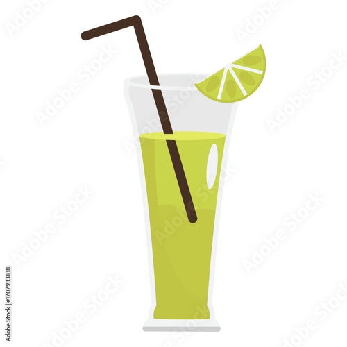 Refreshing green beverage in a clear glass with a straw and lime garnish against a white background