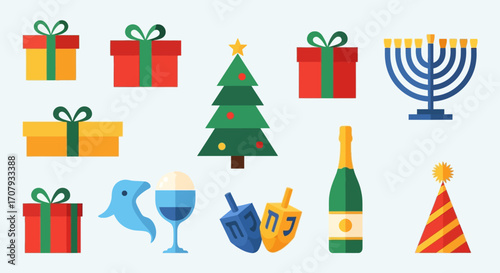 Festive Holiday Icons - Gifts, Tree, Menorah, Dreidels, and Party Hat.