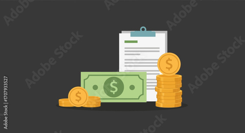 Financial document with money, coins, and banknotes representing business and investment.