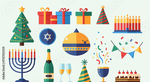 Festive holiday decorations and symbols for celebration and joy.