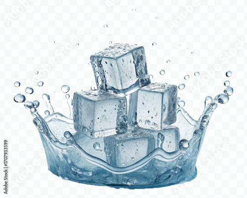 realistic 3d smooth ice cubes into water splash in  different style isolated on transparent background