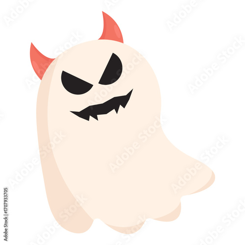 Playful cartoon ghost with devil horns and mischievous expression on a white background