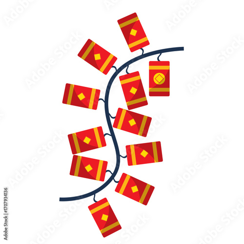 Colorful decorative red envelopes hanging on a tree branch, symbolizing prosperity and celebration