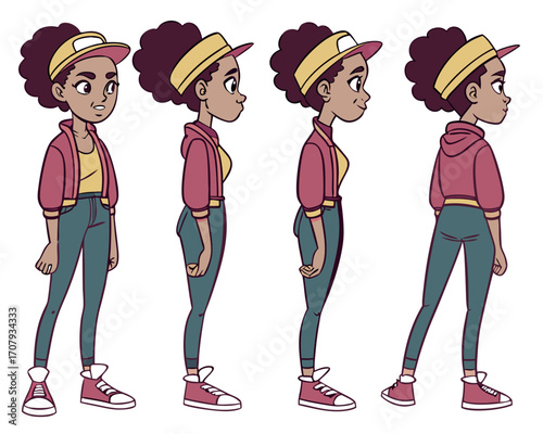 Fashion teenage girl character with various views and face emotions. Front, side, back, 3/4 view animated character.