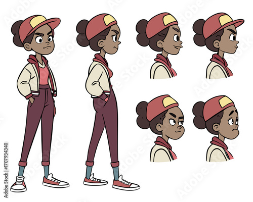 Fashion teenage girl character with various views and face emotions. Front, side, back, 3/4 view animated character.