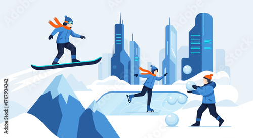 Friends Enjoying Winter Sports Activities Together in the Snow.