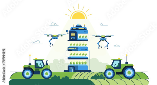 Futuristic agriculture technology with vertical farming and robots.