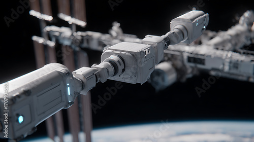 Fototapeta Naklejka Na Ścianę i Meble -  Robotic arm extending from space station with Earth in background