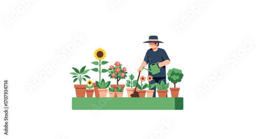 Gardener Tending to Potted Plants with Watering Can.