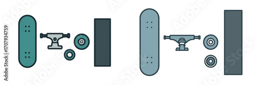 Skateboard components disassembled for assembly or repair, showing deck, trucks, wheels, and grip tape