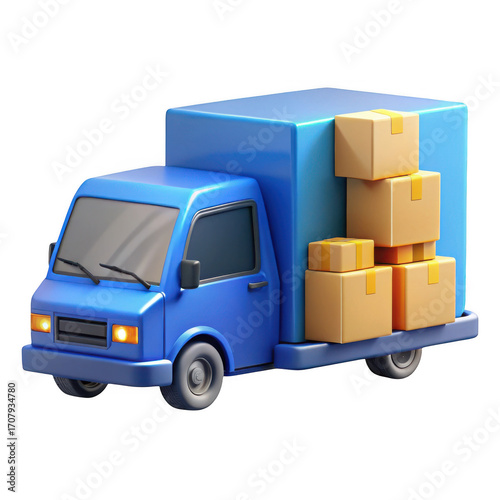 3d blue delivery truck with cargo isolated on transparent background