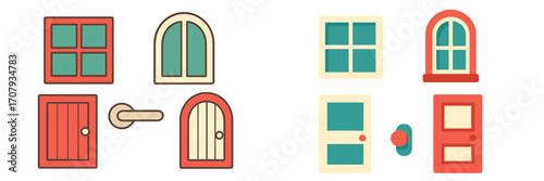 Stylized building components featuring various window and door designs with accompanying handles and knobs in a retro color palette