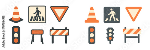 Collection of essential road safety and traffic control elements including traffic cones, pedestrian crossing signs, yield signs, and signal lights