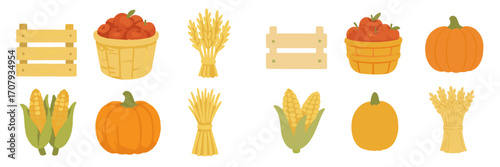 Vibrant autumn harvest farm produce collection featuring pumpkins apples corn wheat and wooden crates for seasonal designs