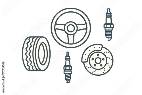 Collection of essential automotive spare parts including tire, steering wheel, spark plugs, and brake disc