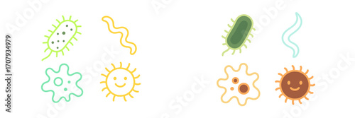 Diverse microscopic organisms and stylized sun icons in a vibrant collection, representing biology, science, and health concepts