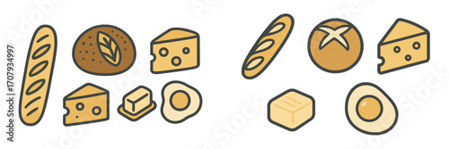 Selection of breakfast and bakery food items featuring fresh bread, cheese, butter, and eggs, ideal for food-related designs