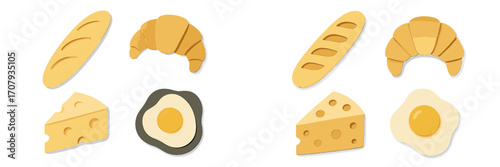 Assortment of breakfast foods including baguette, croissant, cheese, and fried egg in a paper cut style
