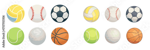 Assortment of popular sports balls for various games and athletic activities, including volleyball, baseball, soccer, tennis, golf, and basketball
