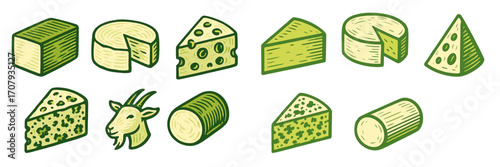 Collection of various cheese forms including solid blocks, triangular wedges, and round wheels, with a goat head