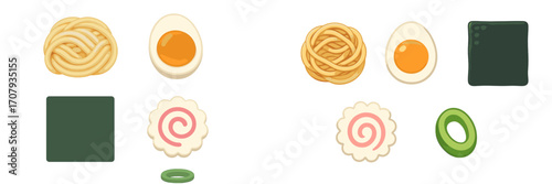 Essential Japanese ramen toppings and ingredients including noodles, egg, nori, narutomaki, scallion, and broth
