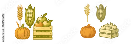Abundant autumn harvest bounty with fresh farm produce including golden wheat, ripe corn, orange pumpkins, and red apples in rustic wooden crates
