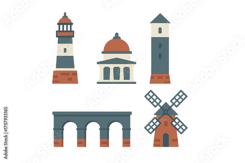 Various iconic architectural landmarks such as a lighthouse, domed building, tower, arched bridge, and windmill