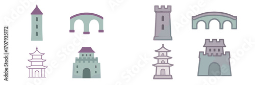 Stylized architectural elements featuring medieval castles, ancient pagodas, stone bridges, and tall towers in a textured design