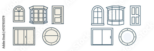 Diverse selection of windows and doors with arched, bay, sliding, and standard designs for buildings