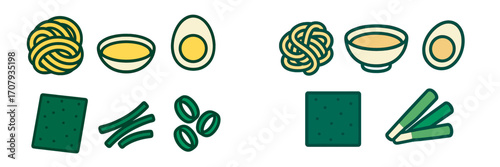 Assortment of essential Asian noodle soup ingredients featuring ramen noodles, savory broth, sliced eggs, nori seaweed, and fresh green onions