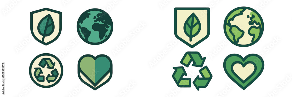 Obraz premium Collection of green environmental protection icons including leaf shield, globe, recycling symbol, and heart shapes