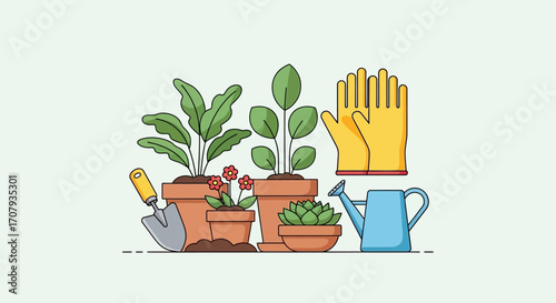 Gardening tools and potted plants illustration with watering can and gloves.