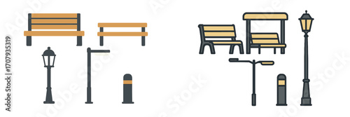 Urban street furniture collection with benches, bus stop, streetlights, and bollards for city planning and public spaces