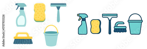 Assortment of essential household cleaning supplies and equipment including spray bottle, sponge, squeegee, brush, and bucket for domestic chores
