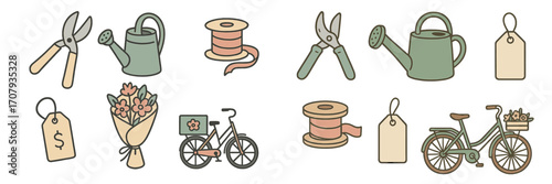 Spring and garden themed items including watering cans, pruning shears, bicycles, flower bouquets, ribbons, and various tags