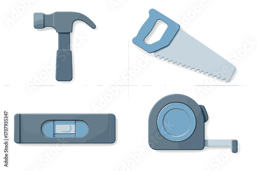 Essential construction and carpentry tools: hammer, hand saw, spirit level, tape measure for building projects