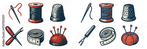 Assortment of classic sewing notions and tailoring supplies with needles, spools, thimbles, seam rippers, and pin cushions