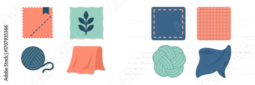 Diverse collection of fabric swatches, folded textiles, yarn balls, and woven knot elements for textile design