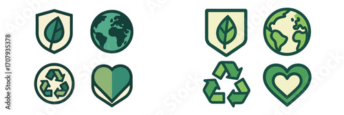 Collection of green environmental protection icons including leaf shield, globe, recycling symbol, and heart shapes
