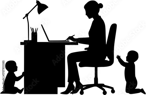 mother Working While Child Plays Nearby Silhouette
