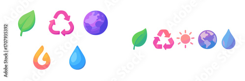 Environmental sustainability symbols with leaf, recycling sign, globe, sun, and water drop for ecological concepts