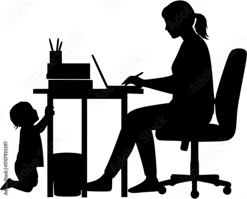 mother Working While Child Plays Nearby Silhouette
