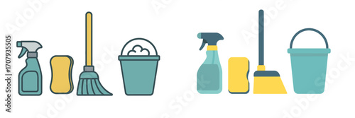 Household cleaning tools and supplies set including spray bottle, sponge, broom, and bucket for domestic chores