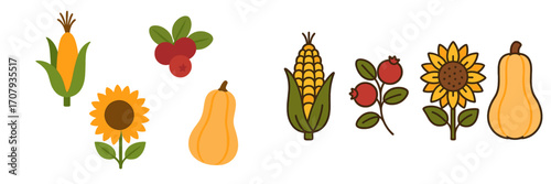 Vibrant autumn harvest collection featuring corn, cranberries, sunflowers, and butternut squash for seasonal designs