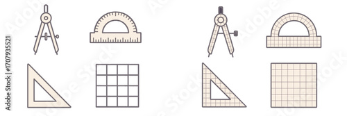 Geometric drawing tools and measurement instruments including compasses, protractors, and set squares for education and design